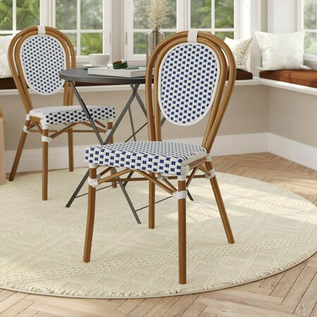 FLASH FURNITURE Lourdes Thonet French Bistro Stacking Chair, White and Navy PE Rattan and Bamboo Print Alum Frame SDA-AD642002S-WHNVY-NAT-GG